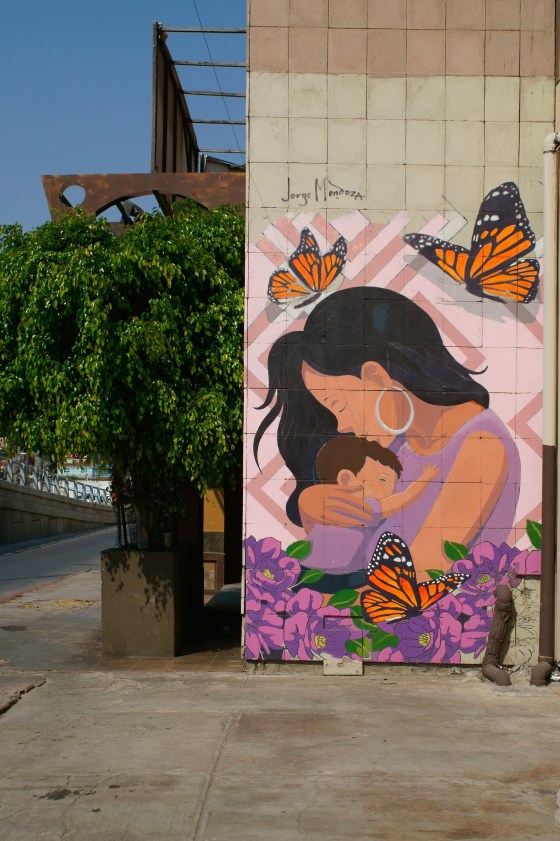 This street mural is located at the pedestrian crossing at the entrance to the border city of Tijuana. It depicts a woman cradling a baby surrounded by monarch butterflies, which symbolize migration in North America.