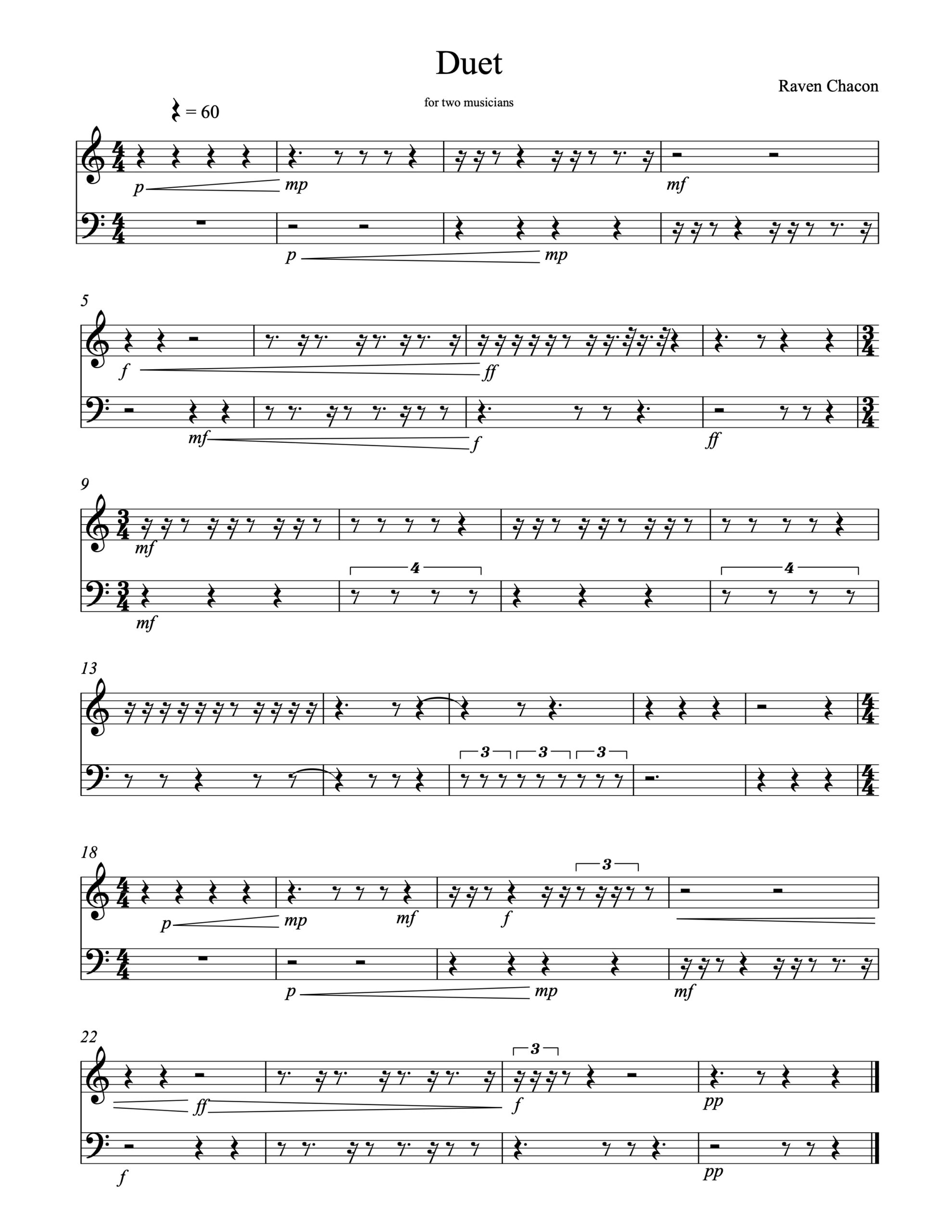 Sheet music for the composition "Duet" by composer Raven Chacon