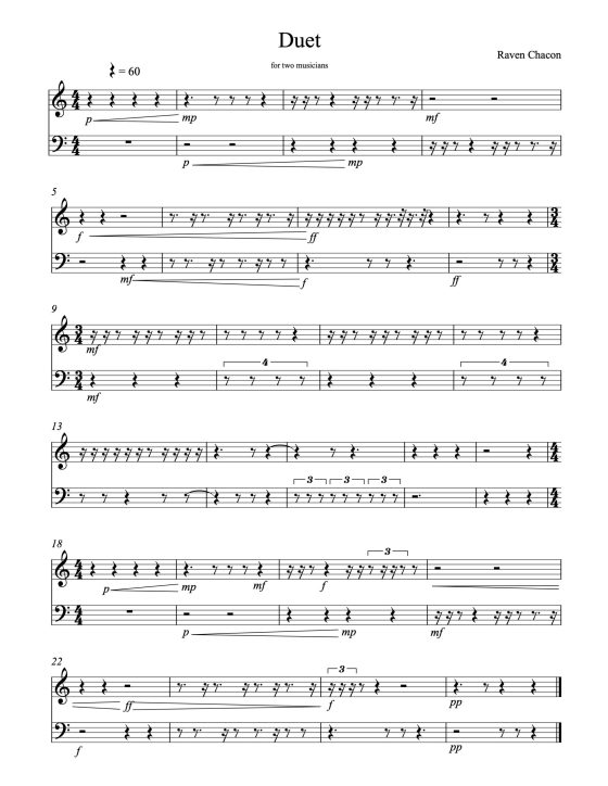 Sheet music for the composition "Duet" by composer Raven Chacon